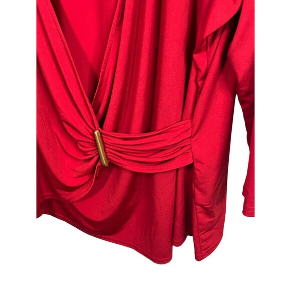 Sandra Darren Plus Size 24W Red Faux Wrap Blouse Womens 3/4 Sleeve Stretch Top - Picture 5 of 12